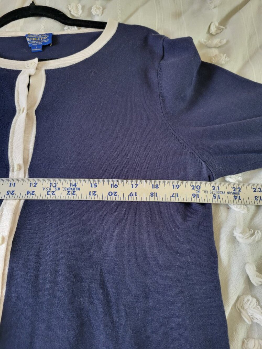 Pendleton Silk Blend Navy Cardigan Ivory Tipping 3/4 Sleeve Button Front Large - Picture 8 of 11